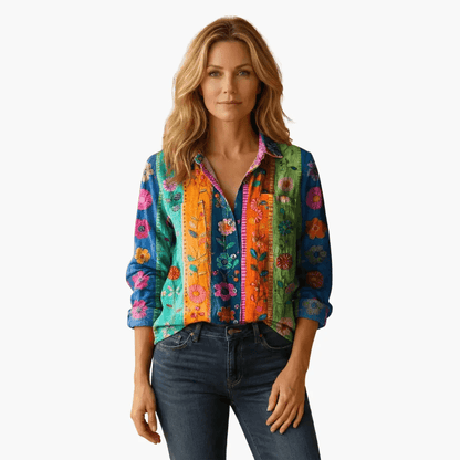 Blomstret Skjorte Dame – Langærmet Bluse med Knapper