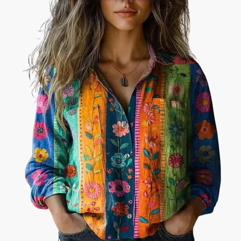 Blomstret Skjorte Dame – Langærmet Bluse med Knapper
