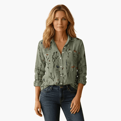 Blomstret Skjorte Dame – Langærmet Bluse med Knapper