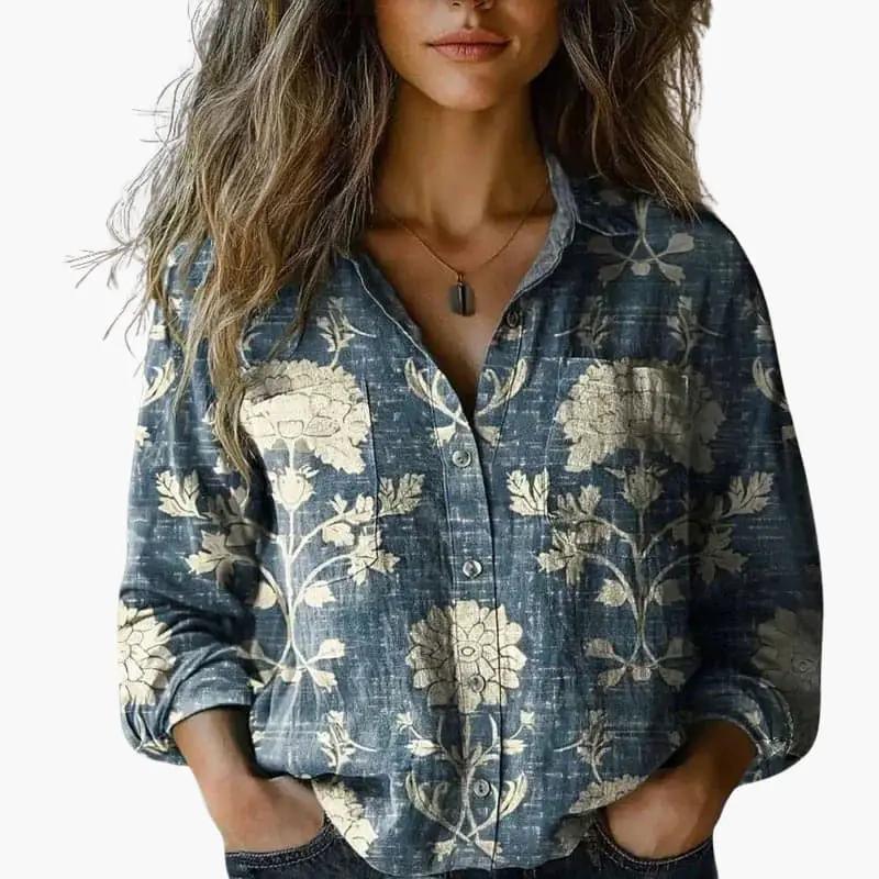 Blomstret Skjorte Dame – Langærmet Bluse med Knapper