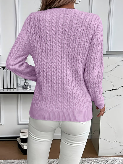 Striktrøje Dame – Pullover med kabelstrik og rund hals til hverdag, arbejde og lag-på-lag
