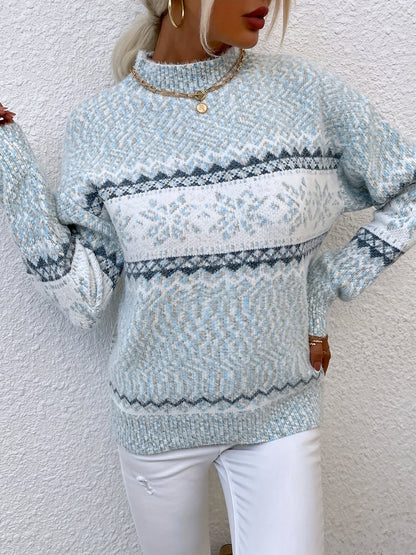 Striktrøje Dame – Pullover med snefnugmønster og høj hals til hverdag, arbejde og lag-på-lag