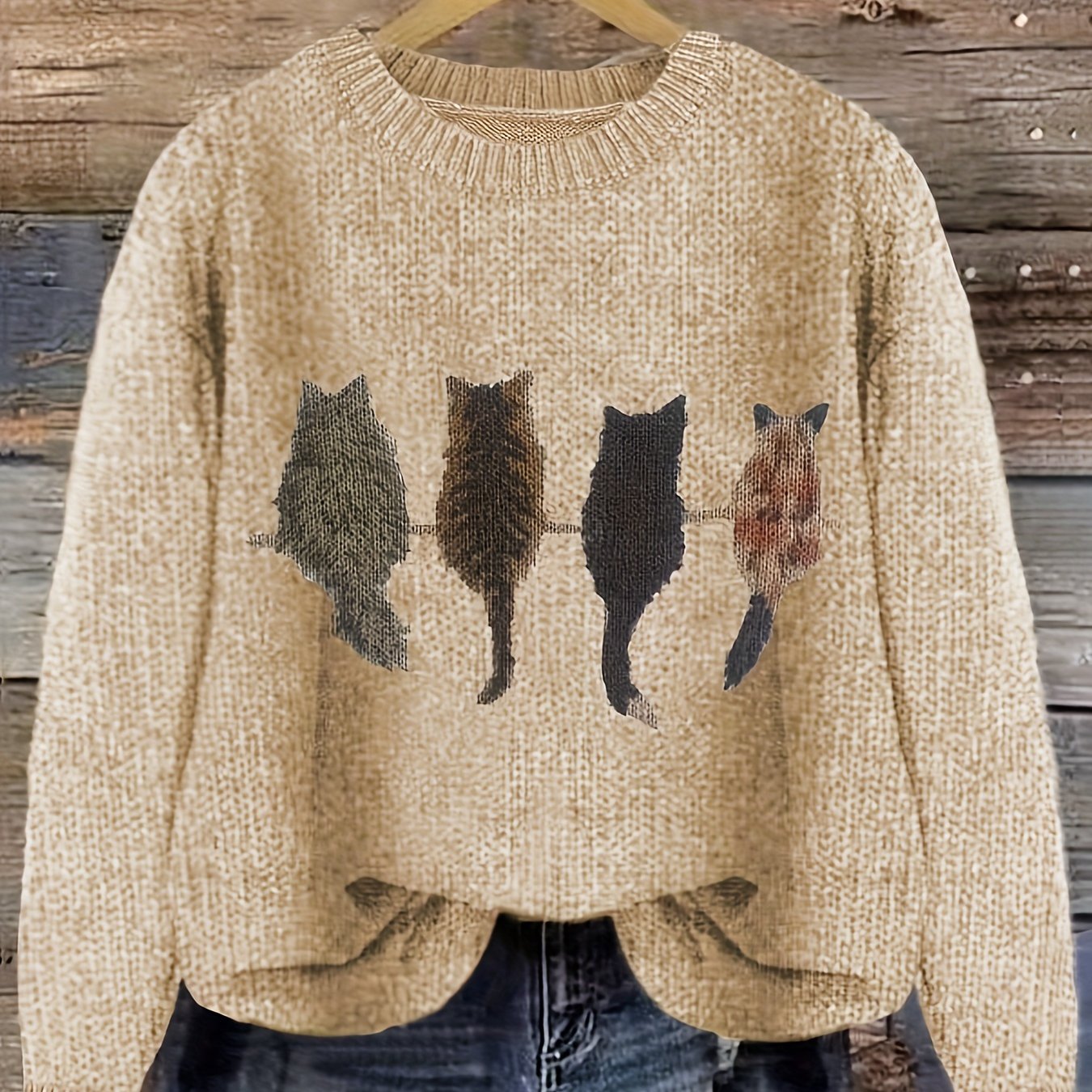 Striktrøje Dame – Pullover med katteprint og mønstret design til hverdag, arbejde og lag-på-lag
