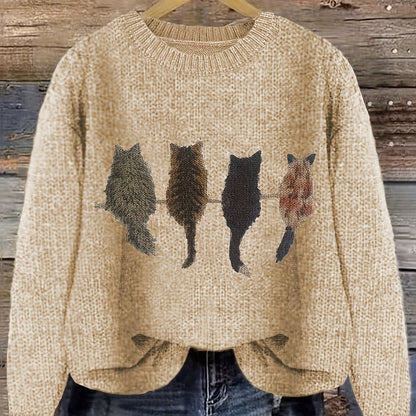 Striktrøje Dame – Pullover med katteprint og mønstret design til hverdag, arbejde og lag-på-lag