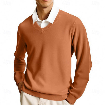 Striktrøje Herre – Pullover med V-hals og klassisk design til hverdag, arbejde og lag-på-lag i Pink og Camel – Clayton