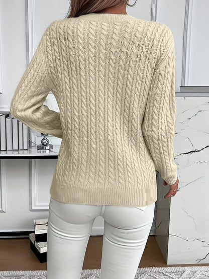 Striktrøje Dame – Pullover med kabelstrik og rund hals til hverdag, arbejde og lag-på-lag