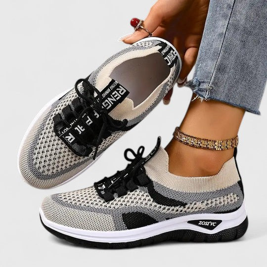 Sneakers Dame – Mesh Løbesko med Snørebånd og Farveblok Design