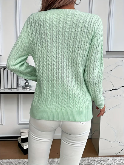 Striktrøje Dame – Pullover med kabelstrik og rund hals til hverdag, arbejde og lag-på-lag