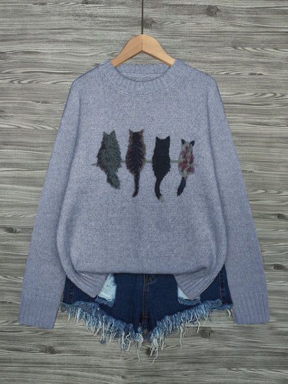 Striktrøje Dame – Pullover med katteprint og mønstret design til hverdag, arbejde og lag-på-lag