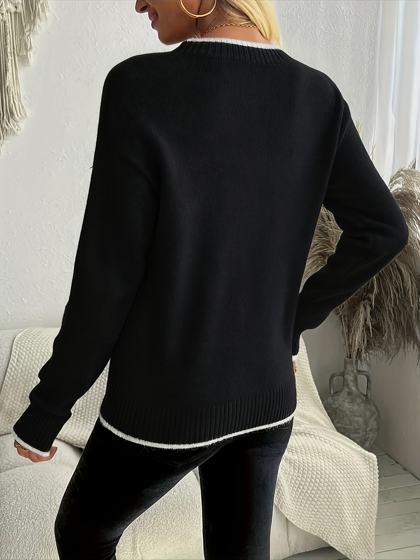 Striktrøje Dame – Pullover med snefnugmønster og rund hals til hverdag, arbejde og lag-på-lag