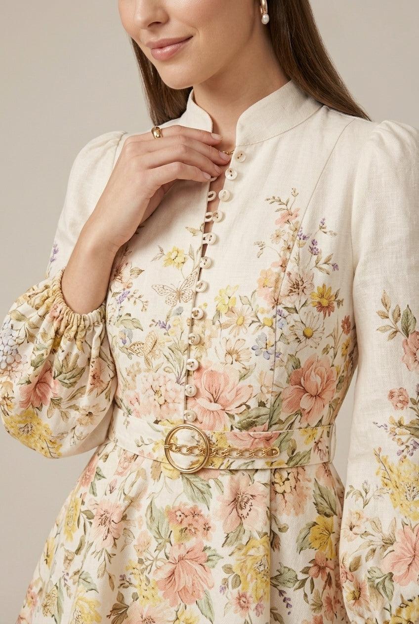 Dame Blomsterprint Mini Kjole - Lange Pufærmer - Rynket Bryst