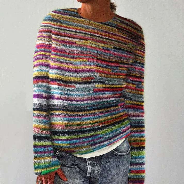 Stribet Pullover Dame – Langærmet Striktrøje med Unikt Mønster