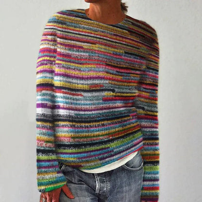 Stribet Pullover Dame – Langærmet Striktrøje med Unikt Mønster