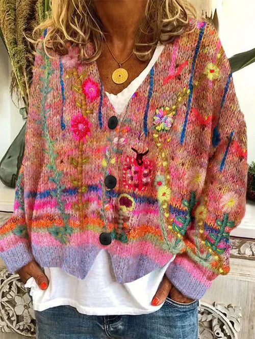 Retro Cardigan Dame – Mønstret Strikcardigan med Print
