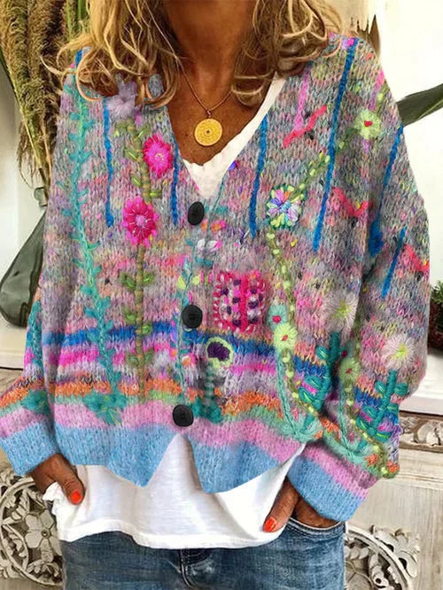 Retro Cardigan Dame – Mønstret Strikcardigan med Print