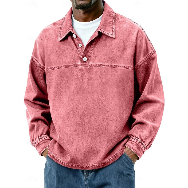 Langærmet Poloshirt Herre – Vasket Look med Klassisk Krave