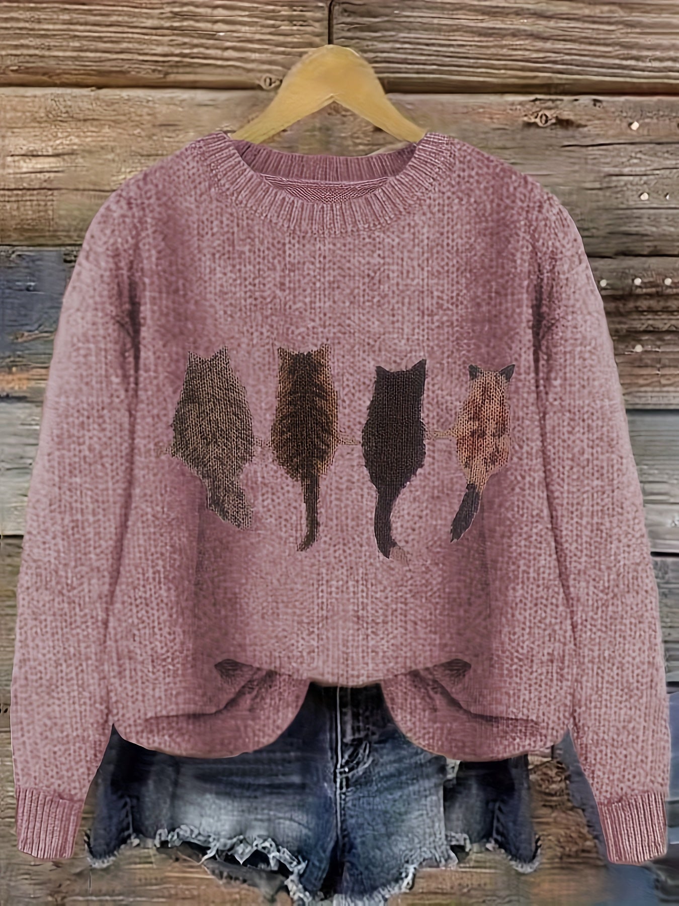 Striktrøje Dame – Pullover med katteprint og mønstret design til hverdag, arbejde og lag-på-lag