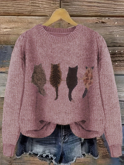 Striktrøje Dame – Pullover med katteprint og mønstret design til hverdag, arbejde og lag-på-lag