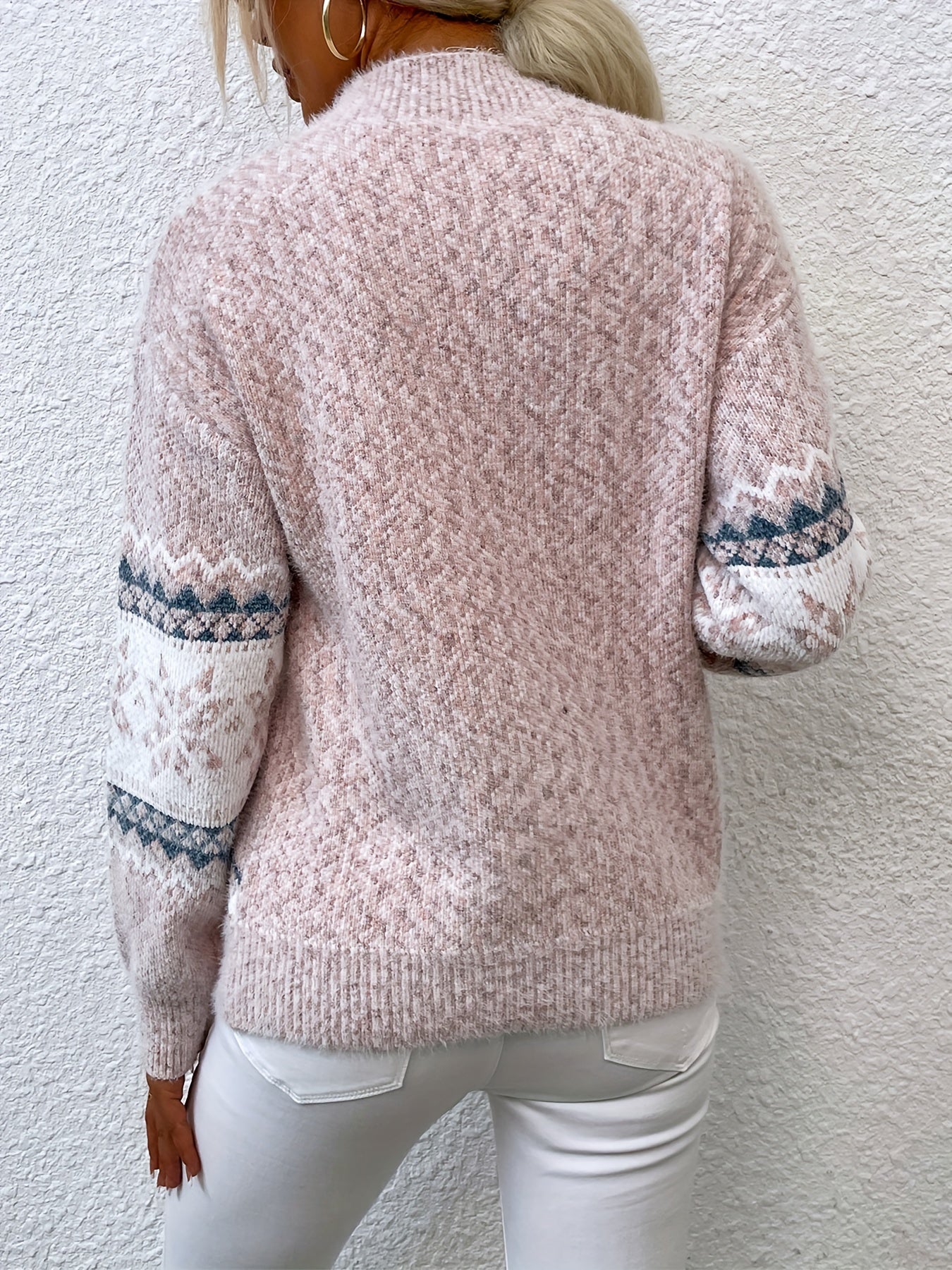 Striktrøje Dame – Pullover med snefnugmønster og høj hals til hverdag, arbejde og lag-på-lag