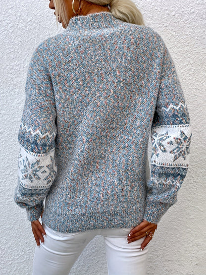 Striktrøje Dame – Pullover med snefnugmønster og høj hals til hverdag, arbejde og lag-på-lag