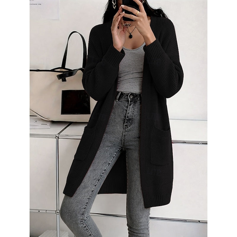 Lang Cardigan Dame – Åben Sort Strikcardigan