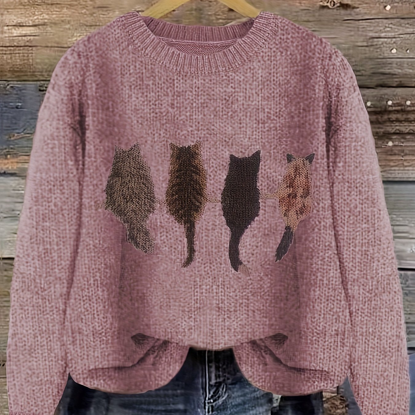 Striktrøje Dame – Pullover med katteprint og mønstret design til hverdag, arbejde og lag-på-lag