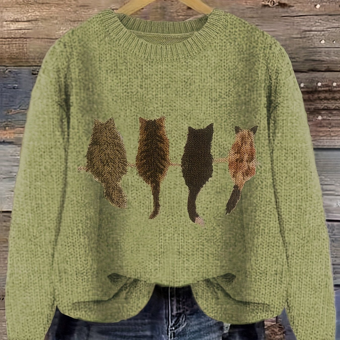 Striktrøje Dame – Pullover med katteprint og mønstret design til hverdag, arbejde og lag-på-lag