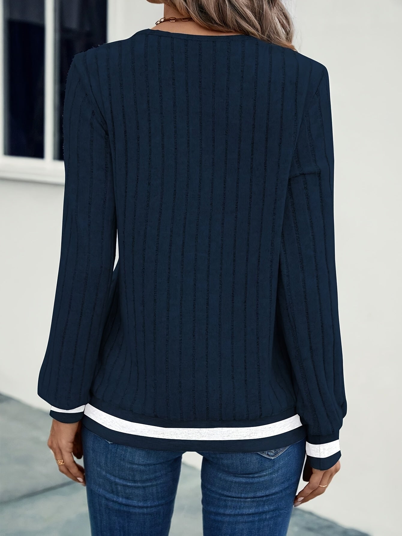Ribbet Top Dame – Langærmet Farveblok Bluse