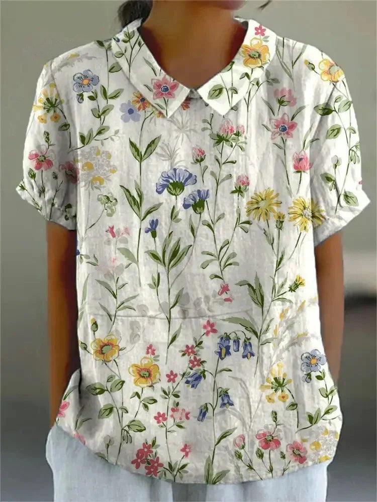 Blomstret skjortebluse dame med knapper