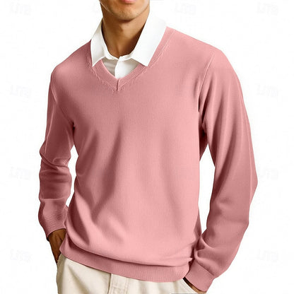 Striktrøje Herre – Pullover med V-hals og klassisk design til hverdag, arbejde og lag-på-lag i Pink og Camel – Clayton