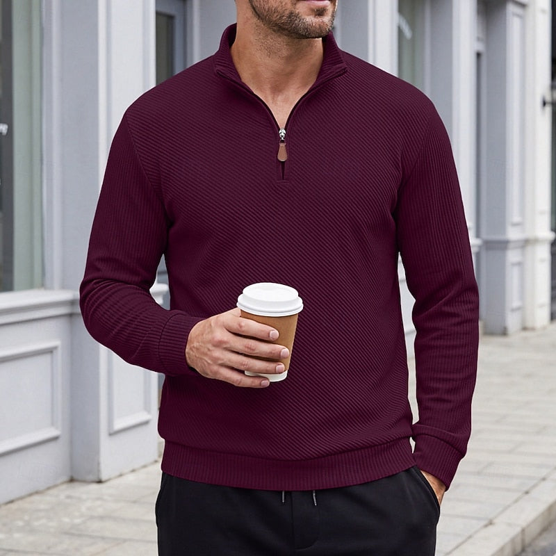 Striktrøje Herre – Pullover med tekstureret overflade og quarter-zip lynlås til hverdag, arbejde og lag-på-lag i Hvid og Sort – Quentin