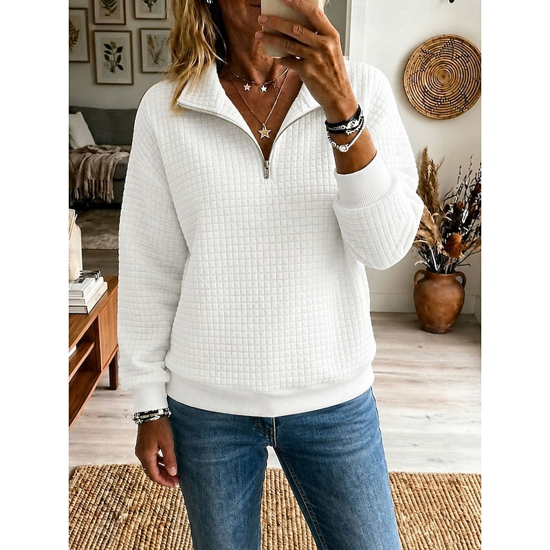 Half-Zip Striktrøje Dame – Tekstureret Pullover med Lynlås