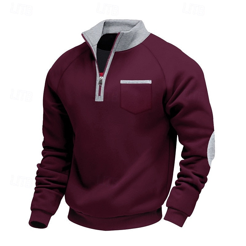 Striktrøje Herre – Pullover med farveblokdesign og quarter-zip lynlås til hverdag, arbejde og lag-på-lag