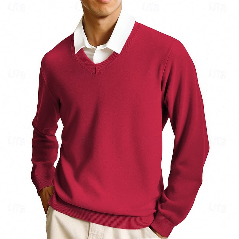 Striktrøje Herre – Pullover med V-hals og klassisk design til hverdag, arbejde og lag-på-lag i Pink og Camel – Clayton
