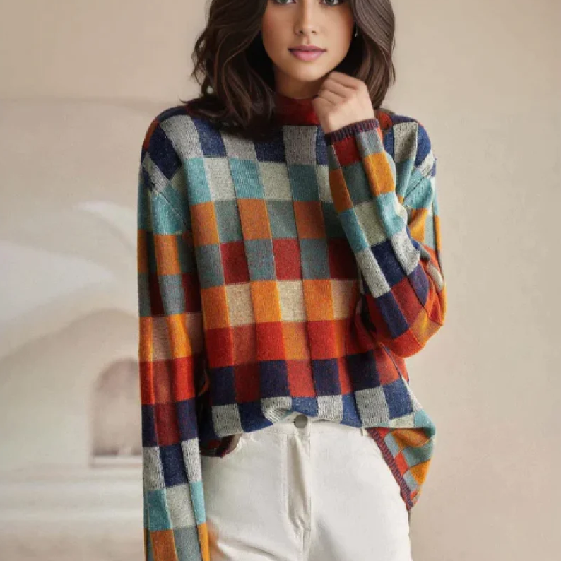 Patchwork Rullekrave Pullover Dame – Blød Striktrøje med Mønster