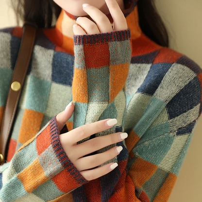 Patchwork Rullekrave Pullover Dame – Blød Striktrøje med Mønster