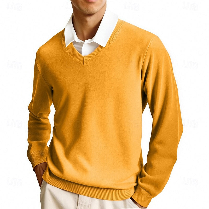 Striktrøje Herre – Pullover med V-hals og klassisk design til hverdag, arbejde og lag-på-lag i Pink og Camel – Clayton