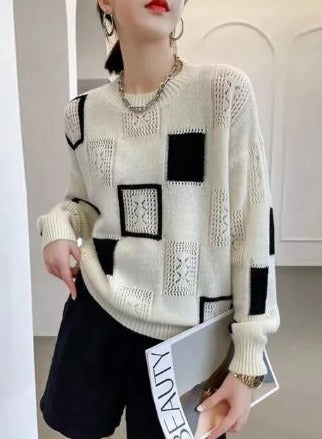 Oversize Pullover Dame – Hvid Mønstret Sweatshirt med Løs Pasform