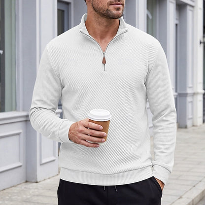 Striktrøje Herre – Pullover med tekstureret overflade og quarter-zip lynlås til hverdag, arbejde og lag-på-lag i Hvid og Sort – Quentin