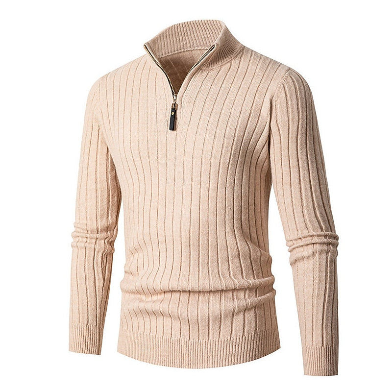Ribstriktrøje Herre – Quarter-Zip Pullover med Lynlås