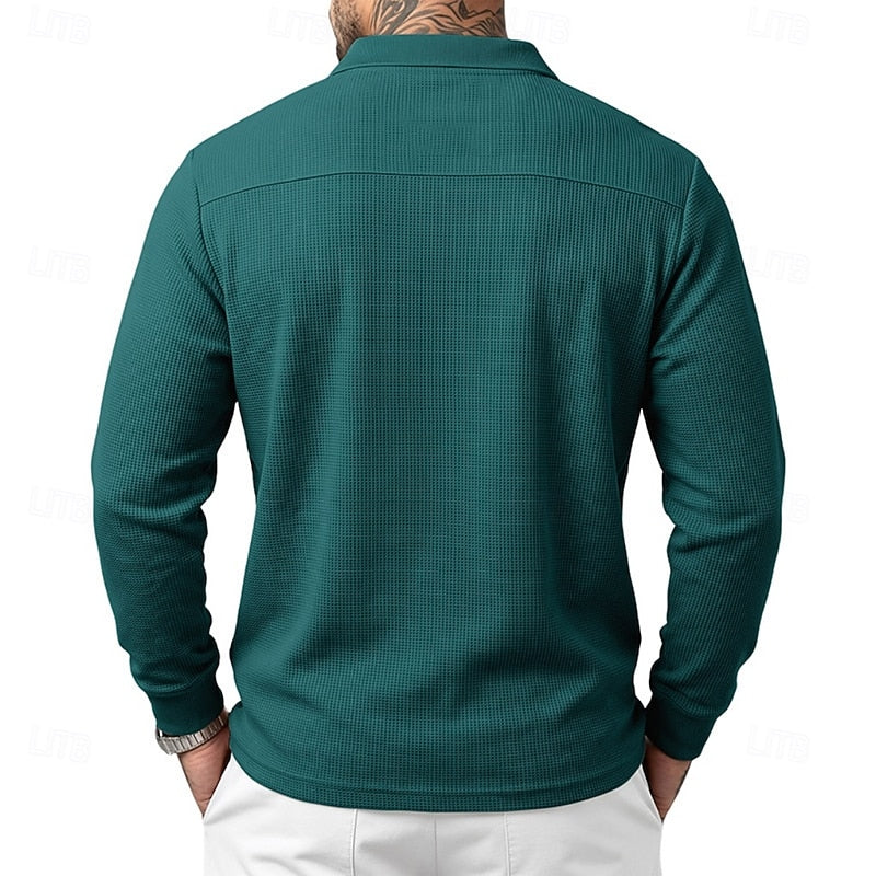 Poloshirt Herre – Polo trøje med tekstureret overflade og lange ærmer til hverdag, arbejde og lag-på-lag i Grøn og Hvid – Quentin