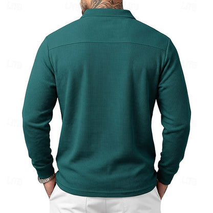 Poloshirt Herre – Polo trøje med tekstureret overflade og lange ærmer til hverdag, arbejde og lag-på-lag i Grøn og Hvid – Quentin