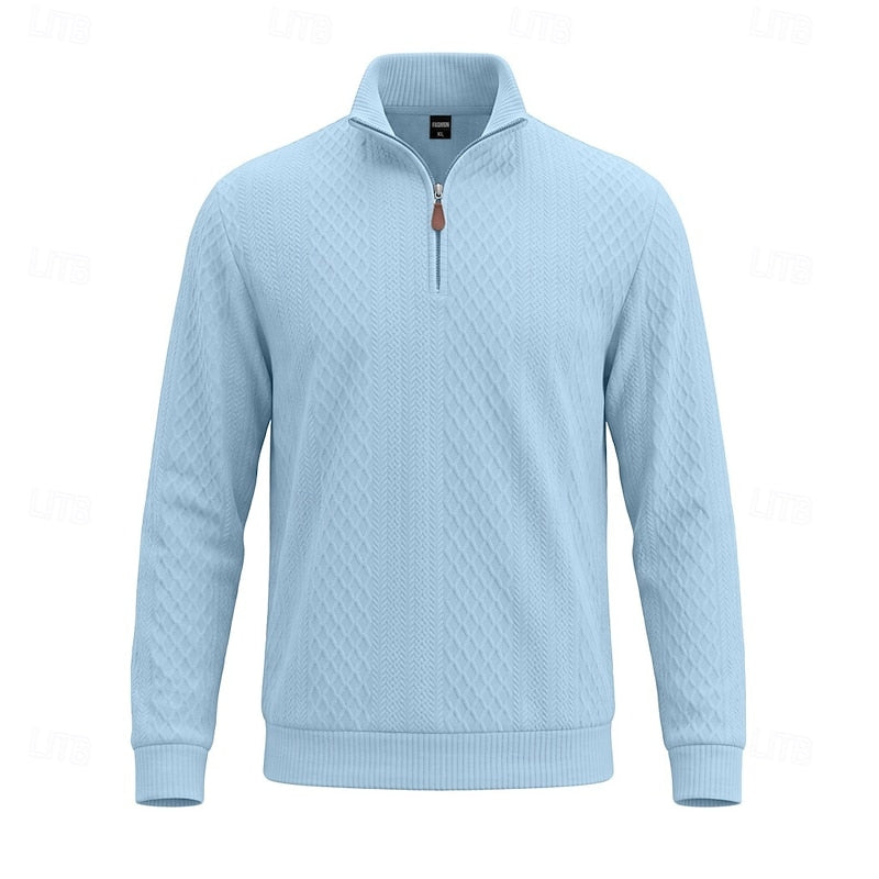 Striktrøje Herre – Pullover med tekstureret overflade og quarter-zip lynlås til hverdag, arbejde og lag-på-lag i Lyseblå og Hvid – Nash