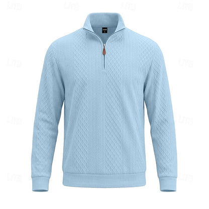 Striktrøje Herre – Pullover med tekstureret overflade og quarter-zip lynlås til hverdag, arbejde og lag-på-lag i Lyseblå og Hvid – Nash