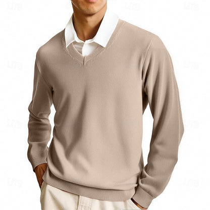Striktrøje Herre – Pullover med V-hals og klassisk design til hverdag, arbejde og lag-på-lag i Pink og Camel – Clayton