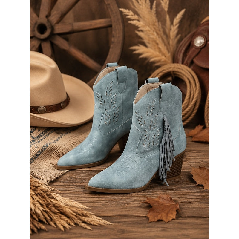 Cowboystøvler Dame – Western-støvler med western-design, ankelhøjde og kvastedetalje til efterår, vinter og hverdag