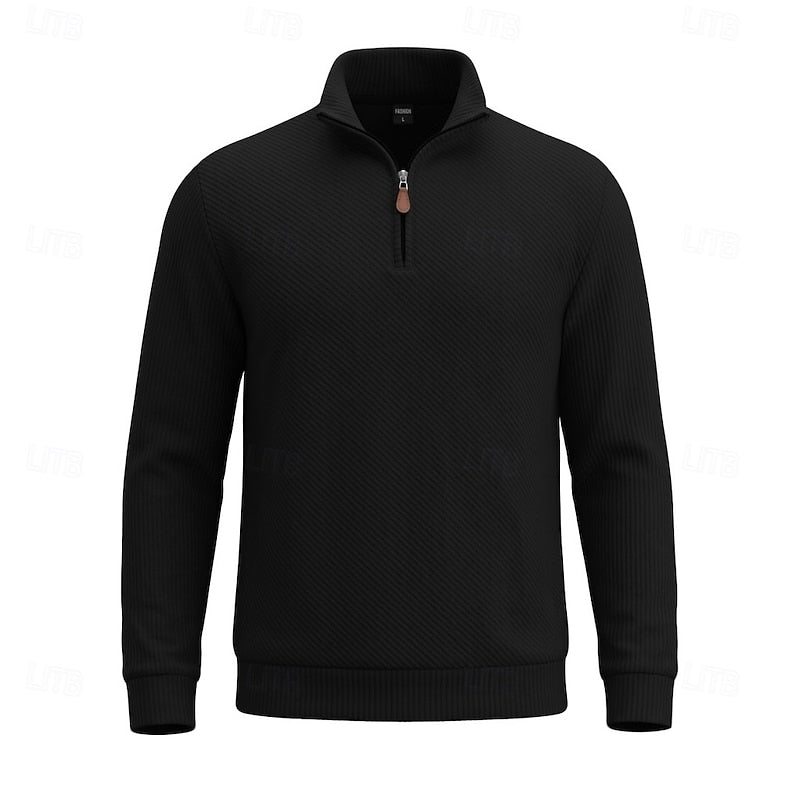 Striktrøje Herre – Pullover med tekstureret overflade og quarter-zip lynlås til hverdag, arbejde og lag-på-lag i Hvid og Sort – Quentin