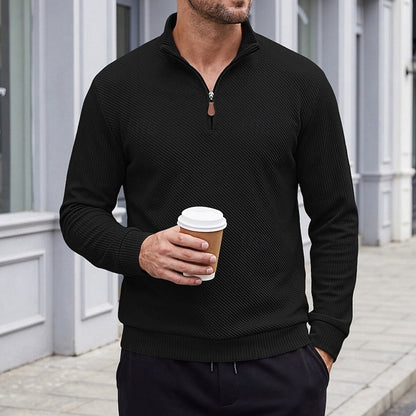 Striktrøje Herre – Pullover med tekstureret overflade og quarter-zip lynlås til hverdag, arbejde og lag-på-lag i Hvid og Sort – Quentin