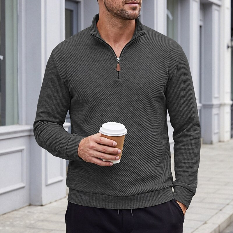 Striktrøje Herre – Pullover med tekstureret overflade og quarter-zip lynlås til hverdag, arbejde og lag-på-lag i Hvid og Sort – Quentin