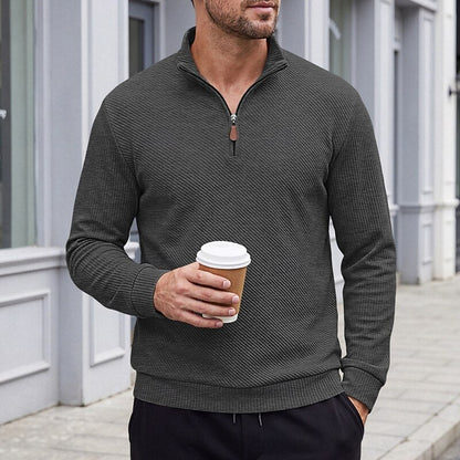 Striktrøje Herre – Pullover med tekstureret overflade og quarter-zip lynlås til hverdag, arbejde og lag-på-lag i Hvid og Sort – Quentin